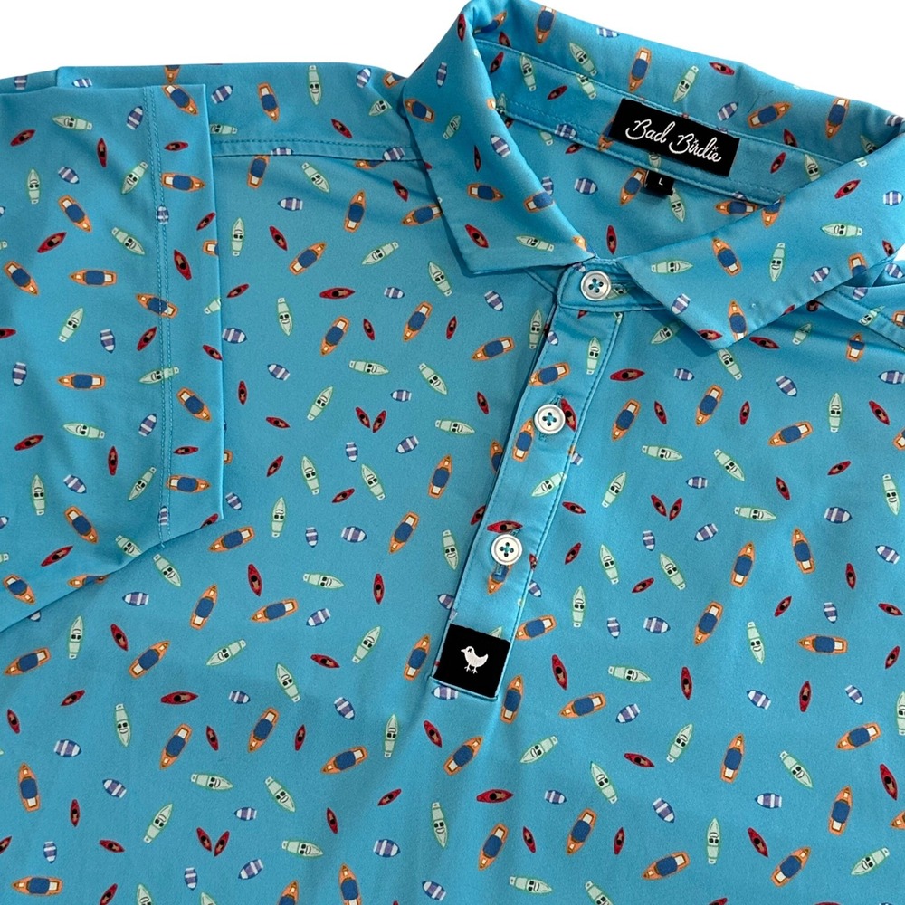 Bad Birdie Dock Solid Mens Large Boat Print Golf Polo Performance Shirt Blue